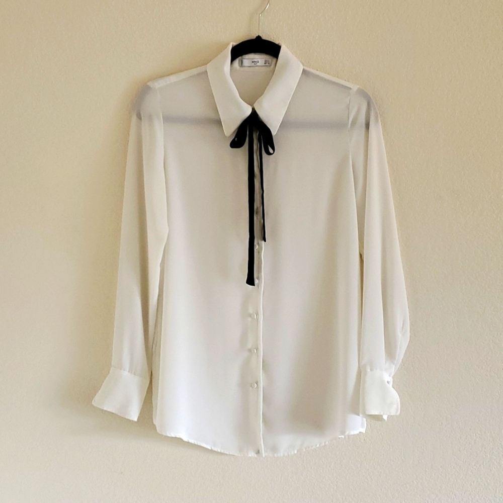 MNG Suit Women's White Sheer Long Sleeve Button Up Blouse with Black Tie